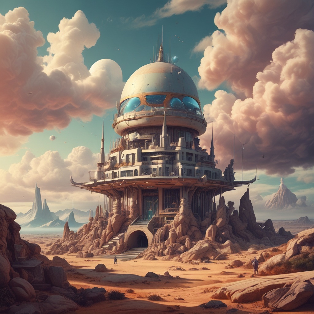 Surreal artwork depicting futuristic architecture and elements